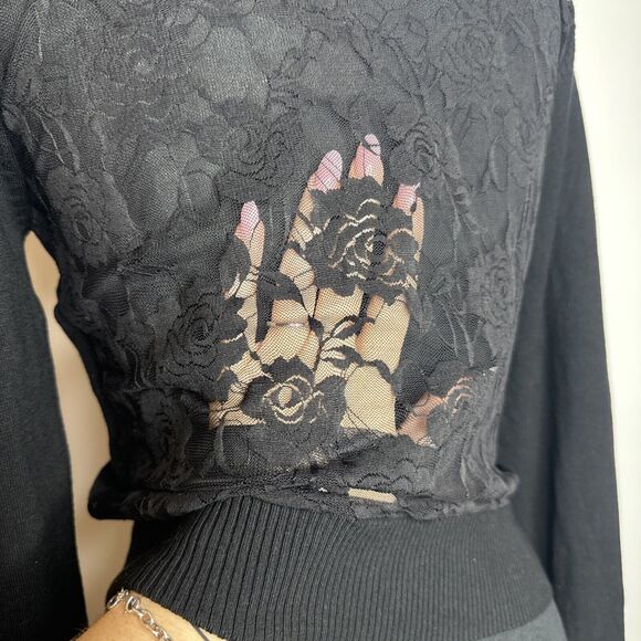 Black Sweater Sheer Lace Back Cardigan Flower Appliqué Sz S Gothic Layering - Picture 6 of 9